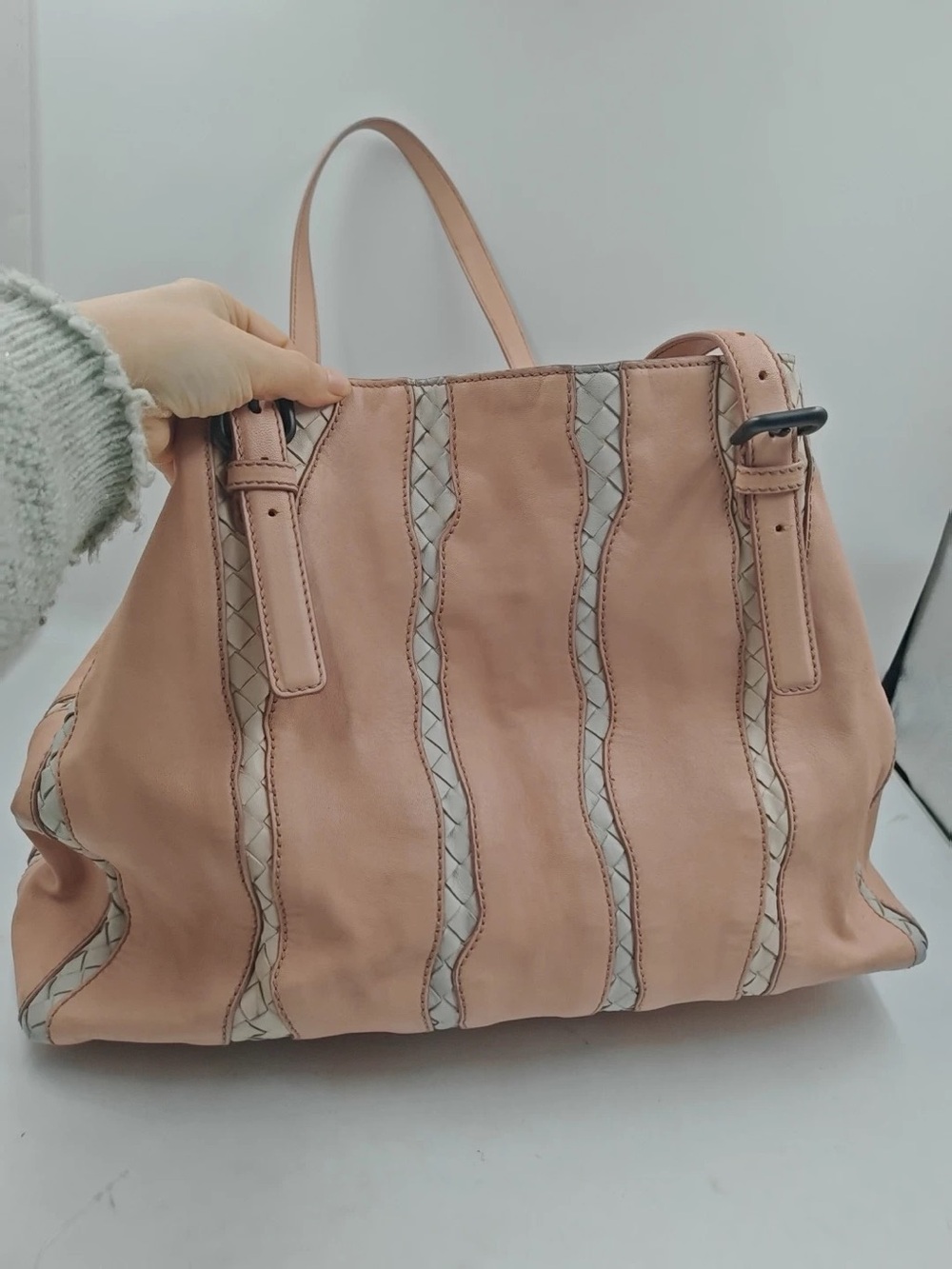 Bottega Veneta pink leather suede tote with Intrecciato woven stripe